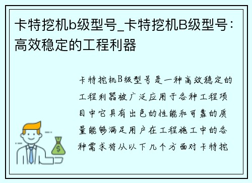 卡特挖机b级型号_卡特挖机B级型号：高效稳定的工程利器
